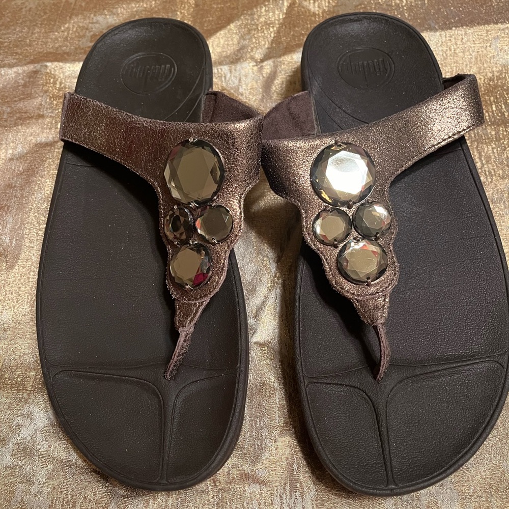Fitflop Metallic Bronze Sandals with Gem Accents